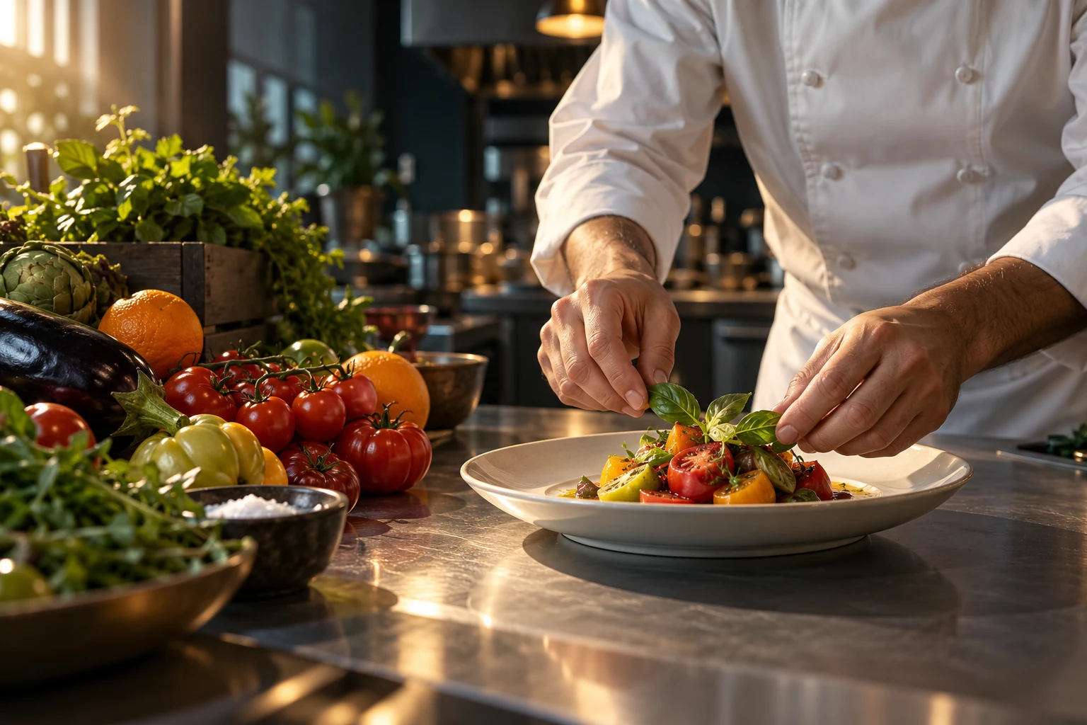 Chef plating a fresh tomato and basil salad in a professional kitchen
