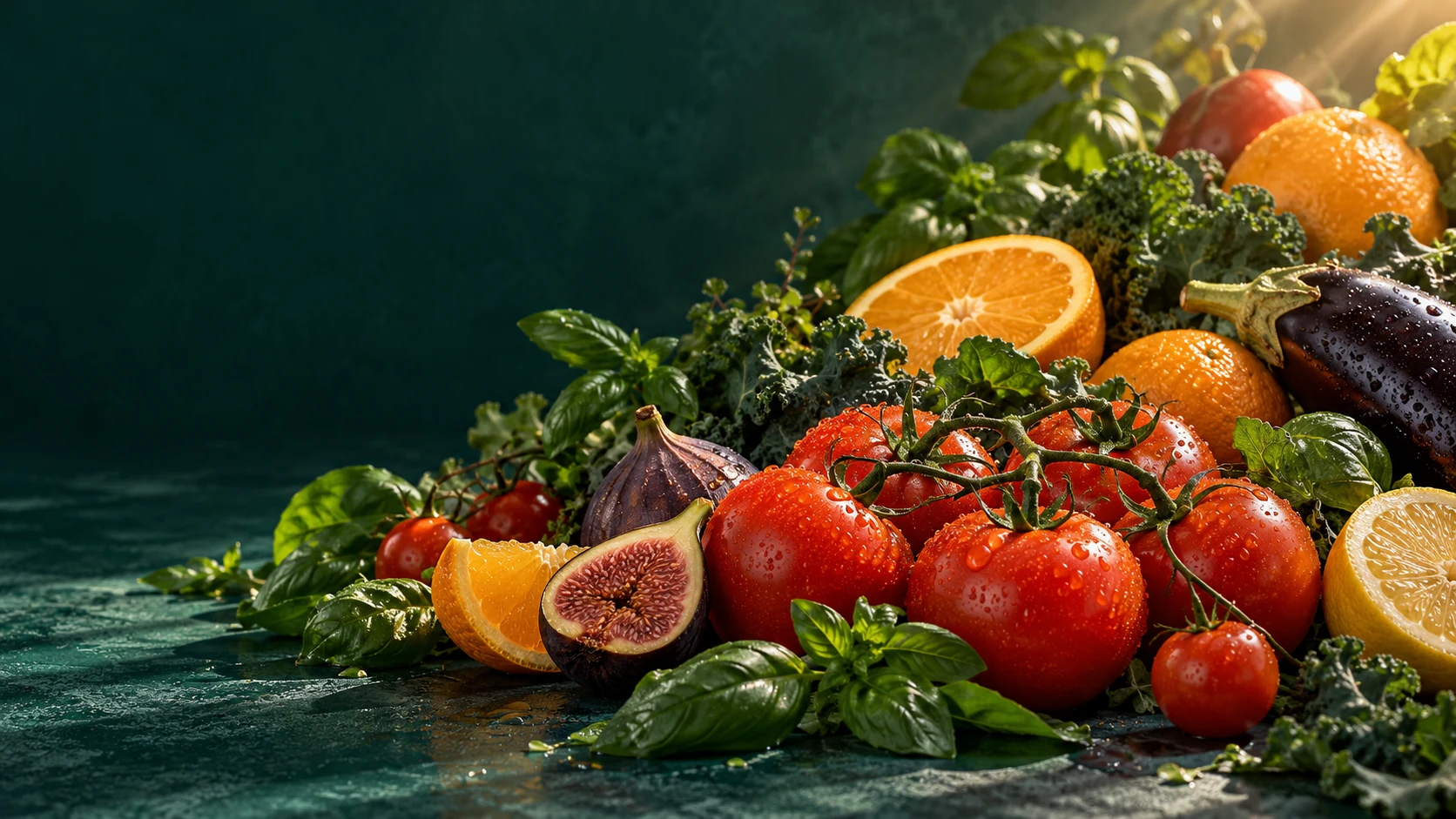 Fresh citrus and vine tomatoes in morning light