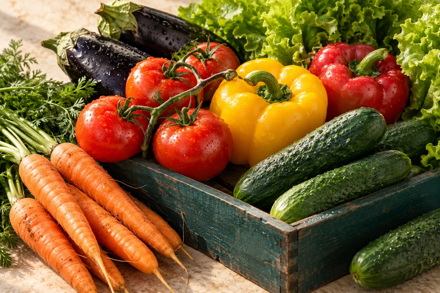 A colourful crate of fresh vegetables